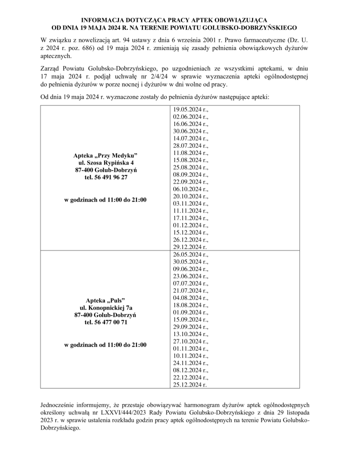 INFORMACJA DOTYCZĄCA PRACY APTEK OBOWIĄZUJĄCA-1