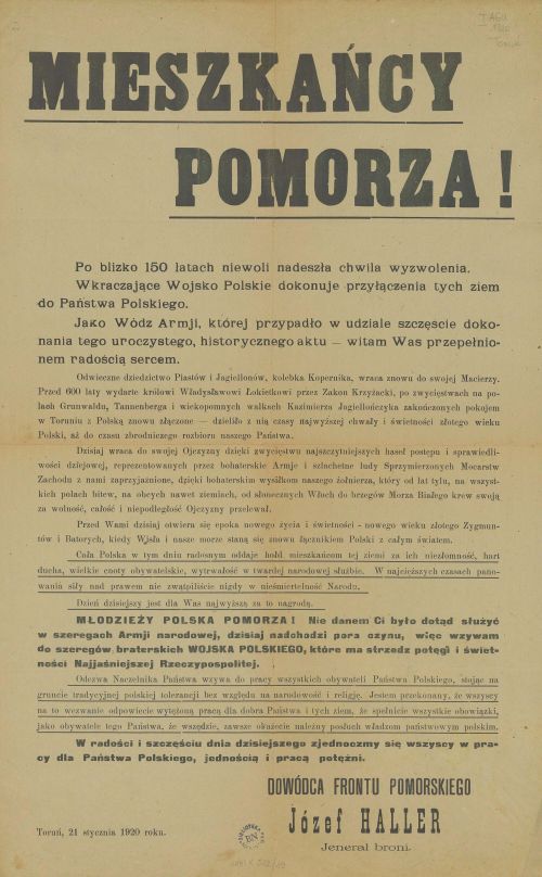 3.Odezwa gen. Józefa Hallera do mieszkańców województwa pomorskiego, 21 stycznia 1920 r. (Biblioteka Narodowa).